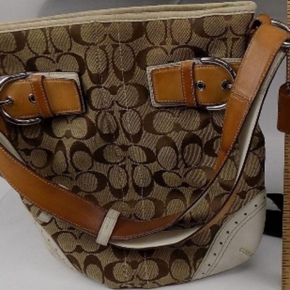 Coach Signature Buckle Hobo Shoulder Bag VintageTan White Leather Trim H05k-1487 - Picture 4 of 6